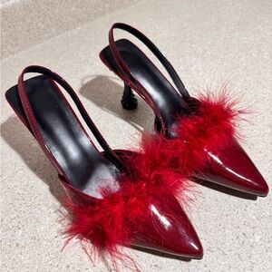 Elegant Burgundy Feathered Women's Heels